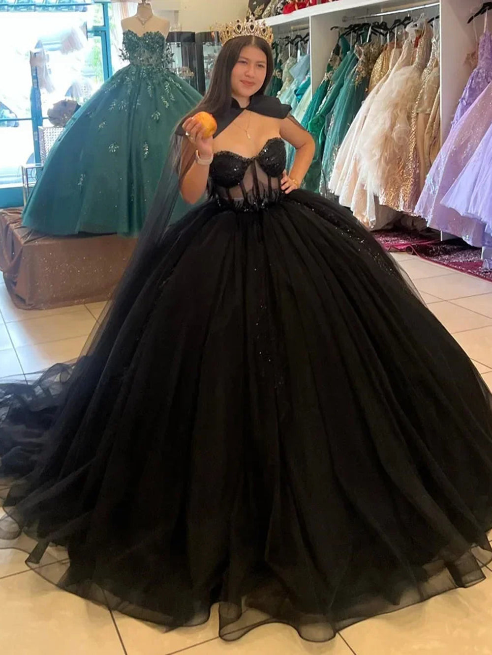 Misshow Exquisite Black Tulle Quinceanera Dress Strapless Ball Gown with Lace & Sequins Appliques for Sweet 16