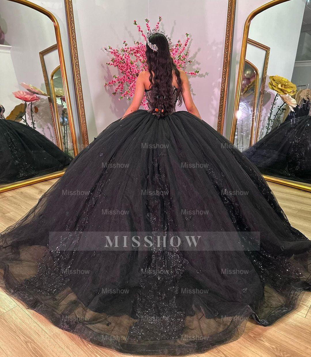 Misshow Exquisite Black Tulle Quinceanera Dress Sweetheart Neckline Lace Applique Ball Gown for Sweet 16 & Birthday Celebrations