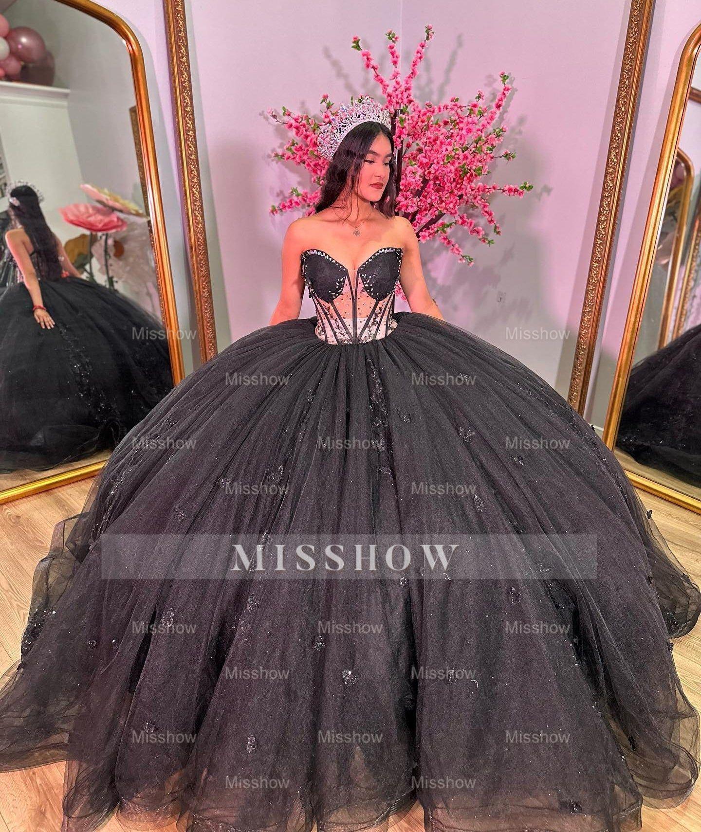 Misshow Exquisite Black Tulle Quinceanera Dress Sweetheart Neckline Lace Applique Ball Gown for Sweet 16 & Birthday Celebrations
