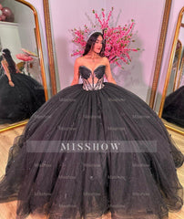 Misshow Exquisite Black Tulle Quinceanera Dress Sweetheart Neckline Lace Applique Ball Gown for Sweet 16 & Birthday Celebrations
