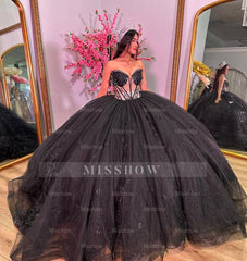 Misshow Exquisite Black Tulle Quinceanera Dress Sweetheart Neckline Lace Applique Ball Gown for Sweet 16 & Birthday Celebrations
