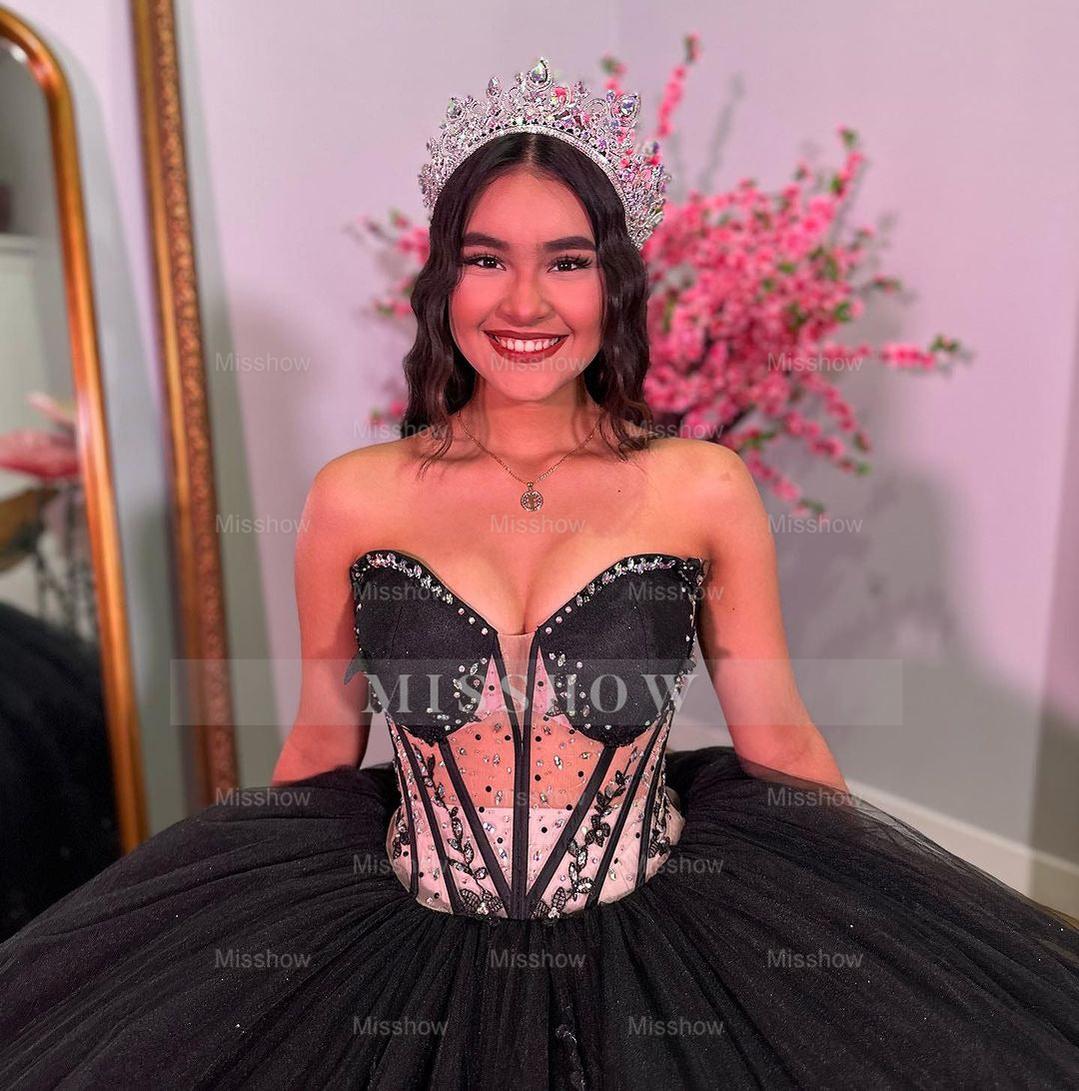 Misshow Exquisite Black Tulle Quinceanera Dress Sweetheart Neckline Lace Applique Ball Gown for Sweet 16 & Birthday Celebrations