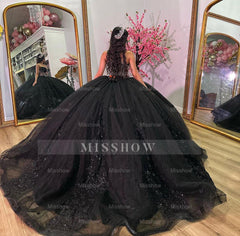 Misshow Exquisite Black Tulle Quinceanera Dress Sweetheart Neckline Lace Applique Ball Gown for Sweet 16 & Birthday Celebrations