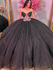 Misshow Exquisite Black Tulle Quinceanera Dress Sweetheart Neckline Lace Applique Ball Gown for Sweet 16 & Birthday Celebrations