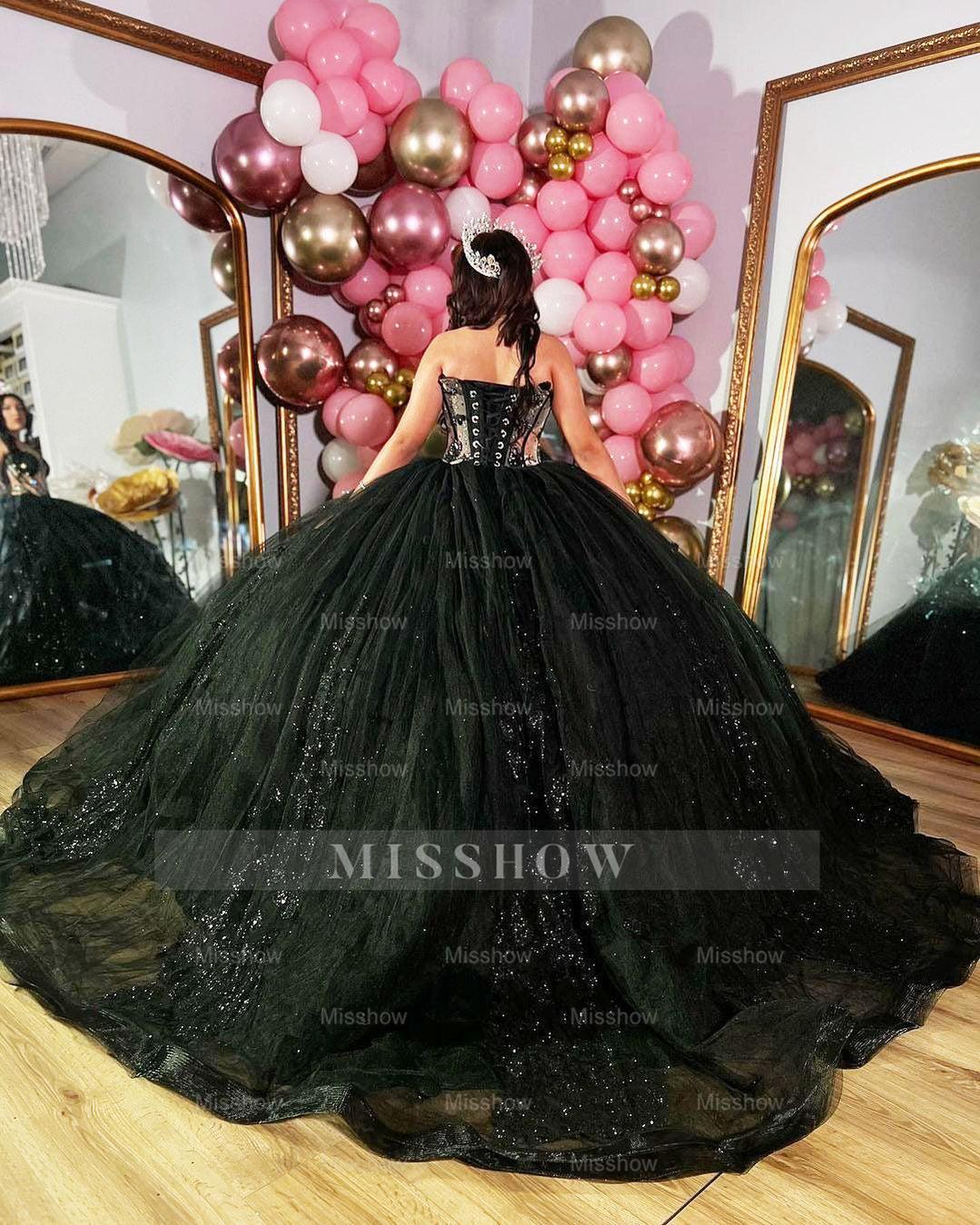 Misshow Exquisite Black Tulle Quinceanera Dress Sweetheart Neckline with Lace Appliques & Glitter Elegance for Sweet 16 & Evening Galas