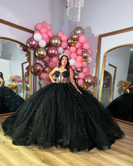 Misshow Exquisite Black Tulle Quinceanera Dress Sweetheart Neckline with Lace Appliques & Glitter Elegance for Sweet 16 & Evening Galas