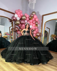 Misshow Exquisite Black Tulle Quinceanera Dress Sweetheart Neckline with Lace Appliques & Glitter Elegance for Sweet 16 & Evening Galas