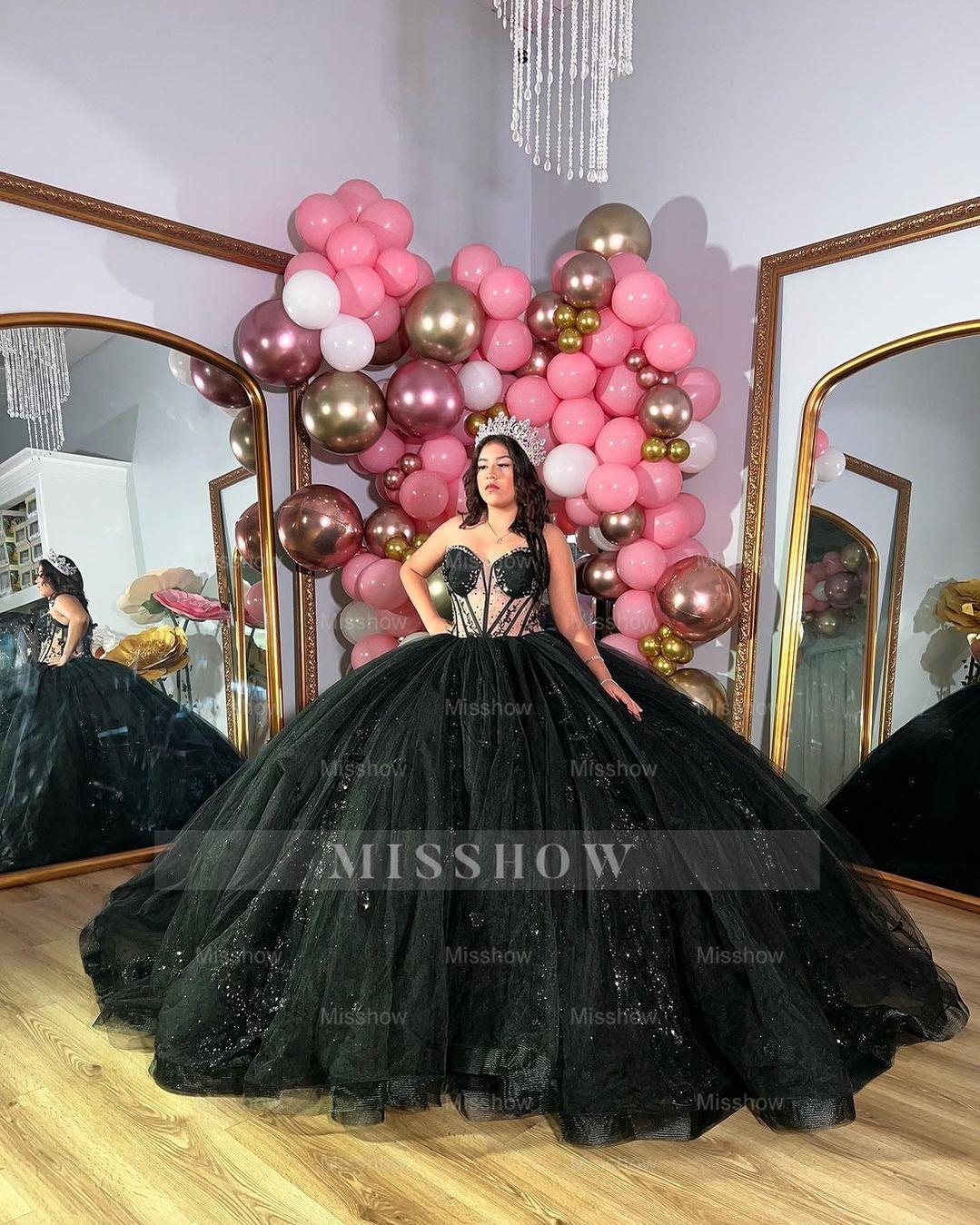 Misshow Exquisite Black Tulle Quinceanera Dress Sweetheart Neckline with Lace Appliques & Glitter Elegance for Sweet 16 & Evening Galas