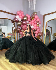 Misshow Exquisite Black Tulle Quinceanera Dress Sweetheart Neckline with Lace Appliques & Glitter Elegance for Sweet 16 & Evening Galas