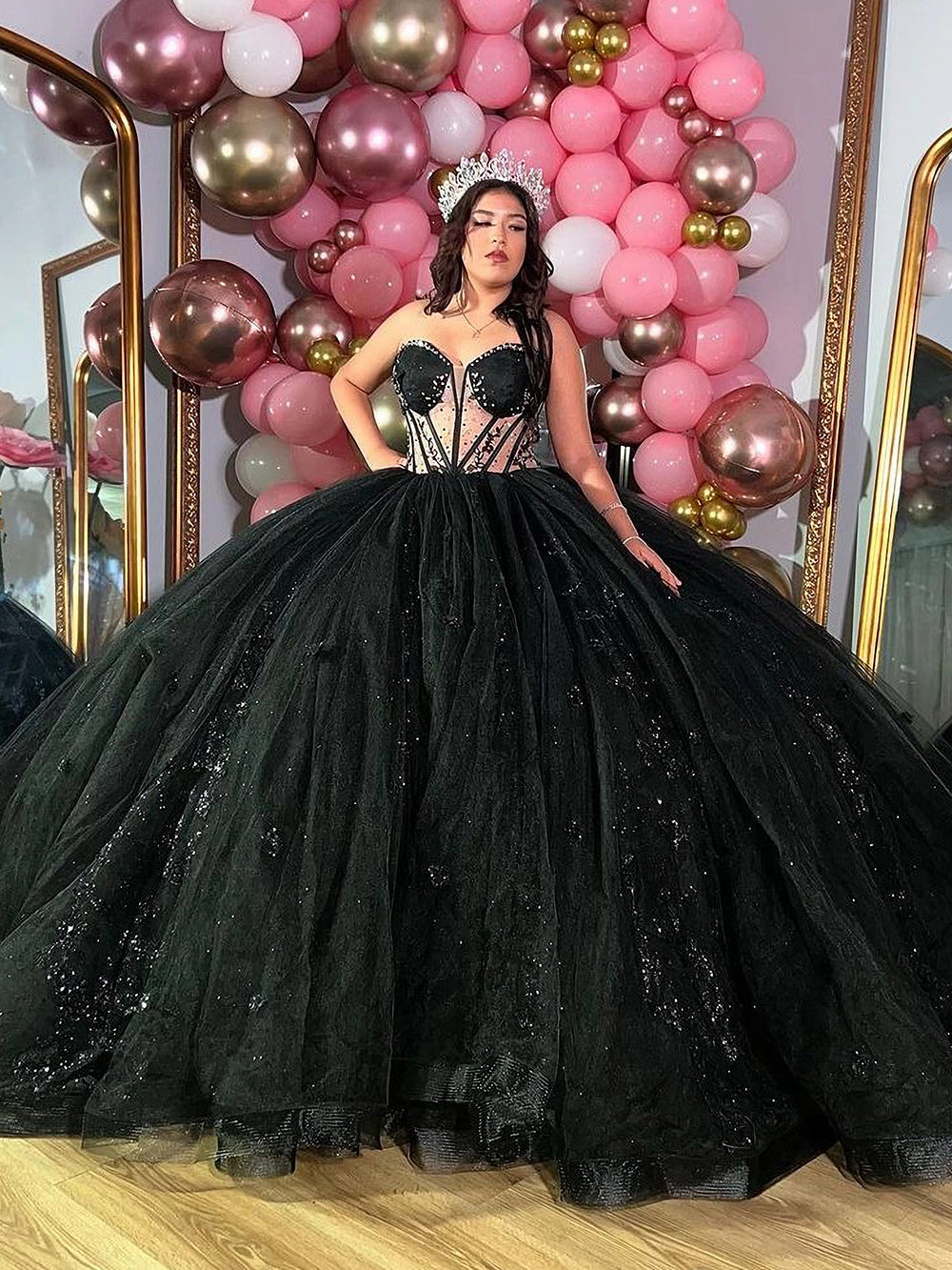Misshow Exquisite Black Tulle Quinceanera Dress Sweetheart Neckline with Lace Appliques & Glitter Elegance for Sweet 16 & Evening Galas