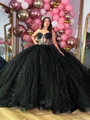 Misshow Exquisite Black Tulle Quinceanera Dress Sweetheart Neckline with Lace Appliques & Glitter Elegance for Sweet 16 & Evening Galas