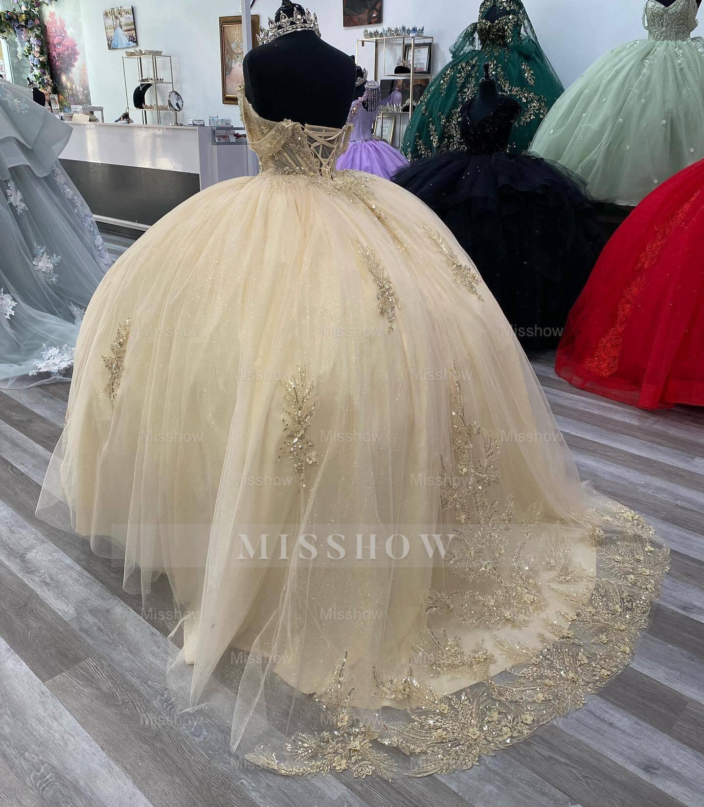 Misshow Exquisite Champagne Ball Gown Off-Shoulder Beaded Lace Quinceanera Dress for Sweet 16 & Formal Galas