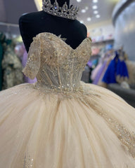 Misshow Exquisite Champagne Ball Gown Off-Shoulder Beaded Lace Quinceanera Dress for Sweet 16 & Formal Galas