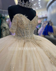 Misshow Exquisite Champagne Ball Gown Off-Shoulder Beaded Lace Quinceanera Dress for Sweet 16 & Formal Galas