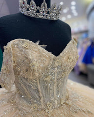 Misshow Exquisite Champagne Ball Gown Off-Shoulder Beaded Lace Quinceanera Dress for Sweet 16 & Formal Galas