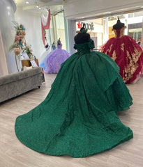 Misshow Exquisite Dark Green Ball Gown Off-Shoulder 3D Floral Tulle Dress for Quinceanera Sweet 16 & Birthday Galas