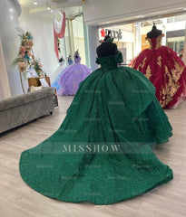 Misshow Exquisite Dark Green Ball Gown Off-Shoulder 3D Floral Tulle Dress for Quinceanera Sweet 16 & Birthday Galas