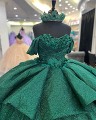Misshow Exquisite Dark Green Ball Gown Off-Shoulder 3D Floral Tulle Dress for Quinceanera Sweet 16 & Birthday Galas