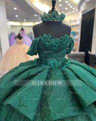 Misshow Exquisite Dark Green Ball Gown Off-Shoulder 3D Floral Tulle Dress for Quinceanera Sweet 16 & Birthday Galas