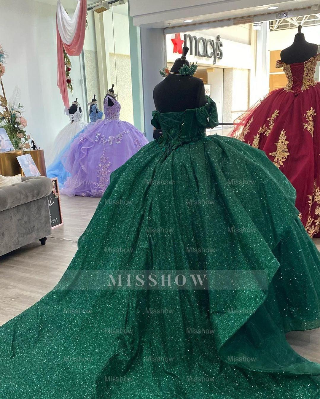 Misshow Exquisite Dark Green Ball Gown Off-Shoulder 3D Floral Tulle Dress for Quinceanera Sweet 16 & Birthday Galas