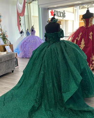 Misshow Exquisite Dark Green Ball Gown Off-Shoulder 3D Floral Tulle Dress for Quinceanera Sweet 16 & Birthday Galas
