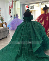 Misshow Exquisite Dark Green Ball Gown Off-Shoulder 3D Floral Tulle Dress for Quinceanera Sweet 16 & Birthday Galas