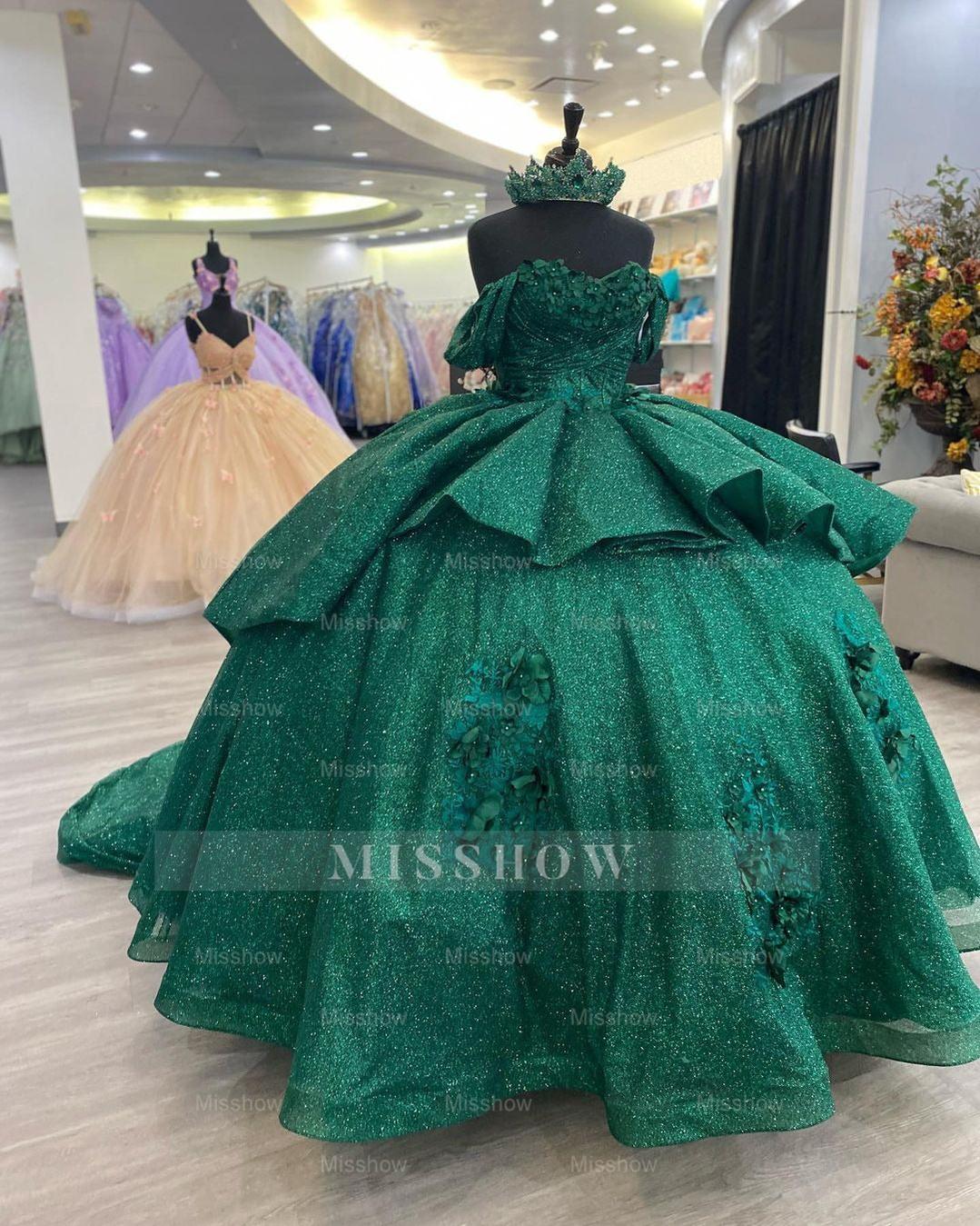 Misshow Exquisite Dark Green Ball Gown Off-Shoulder 3D Floral Tulle Dress for Quinceanera Sweet 16 & Birthday Galas