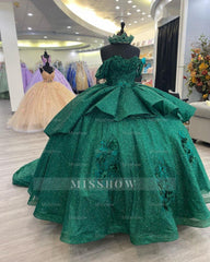 Misshow Exquisite Dark Green Ball Gown Off-Shoulder 3D Floral Tulle Dress for Quinceanera Sweet 16 & Birthday Galas