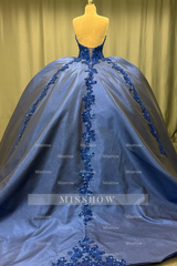 Misshow Exquisite Dark Navy Satin Quinceanera Dress Strapless Sequined Ball Gown with Pleated Glitter Detail for Sweet 16 & Formal Evenings