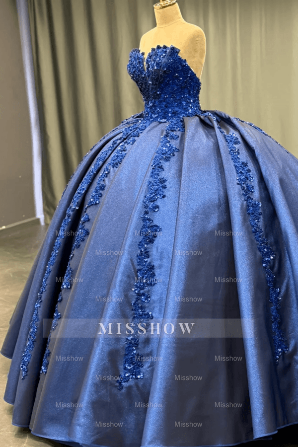 Misshow Exquisite Dark Navy Satin Quinceanera Dress Strapless Sequined Ball Gown with Pleated Glitter Detail for Sweet 16 & Formal Evenings