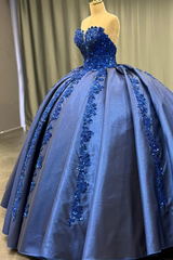 Misshow Exquisite Dark Navy Satin Quinceanera Dress Strapless Sequined Ball Gown with Pleated Glitter Detail for Sweet 16 & Formal Evenings