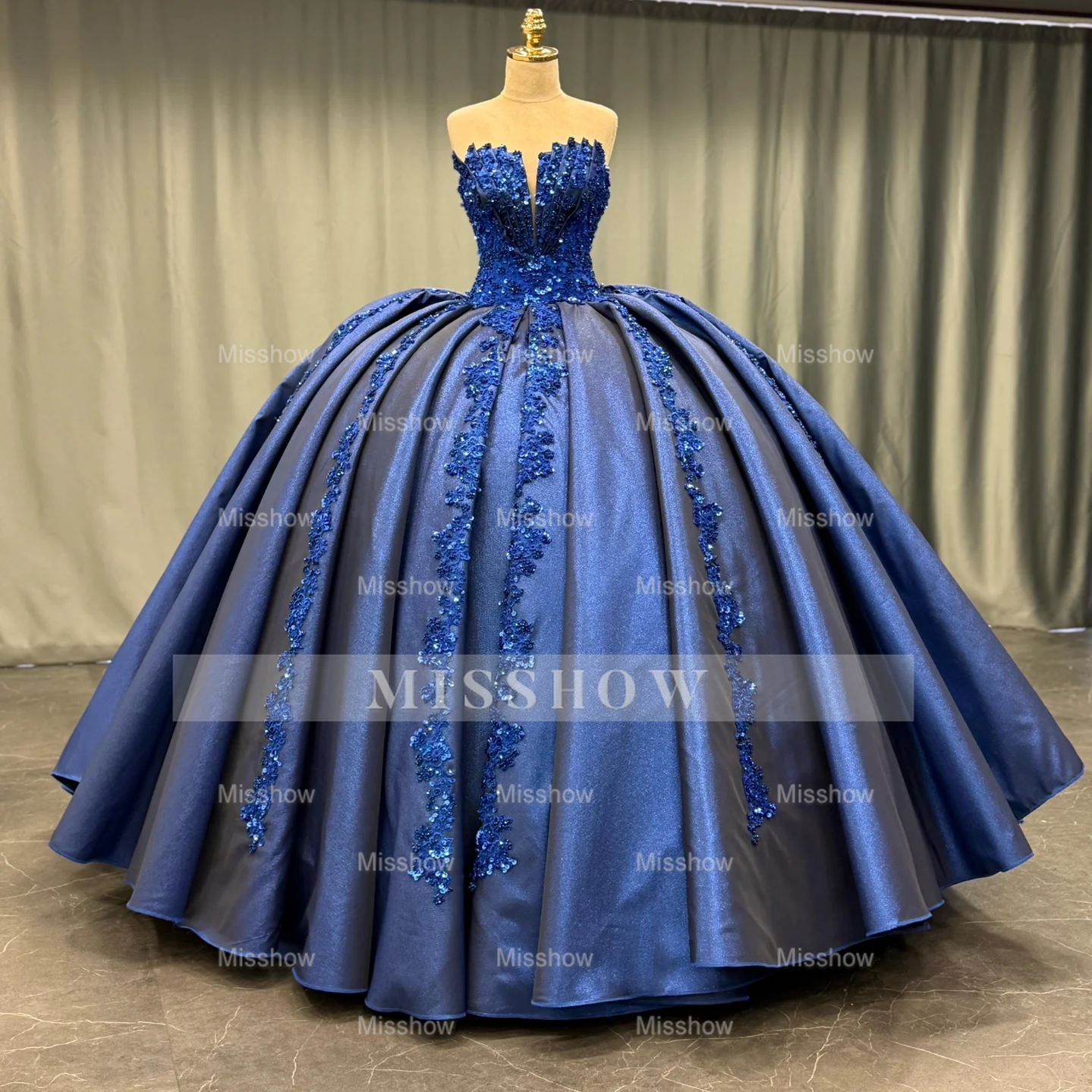 Misshow Exquisite Dark Navy Satin Quinceanera Dress Strapless Sequined Ball Gown with Pleated Glitter Detail for Sweet 16 & Formal Evenings