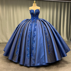 Misshow Exquisite Dark Navy Satin Quinceanera Dress Strapless Sequined Ball Gown with Pleated Glitter Detail for Sweet 16 & Formal Evenings