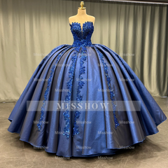 Misshow Exquisite Dark Navy Satin Quinceanera Dress Strapless Sequined Ball Gown with Pleated Glitter Detail for Sweet 16 & Formal Evenings