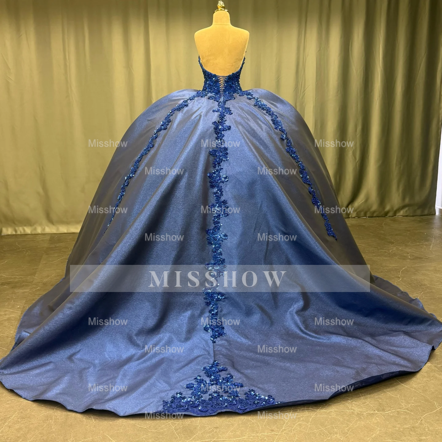Misshow Exquisite Dark Navy Satin Quinceanera Dress Strapless Sequined Ball Gown with Pleated Glitter Detail for Sweet 16 & Formal Evenings