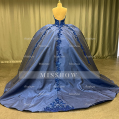 Misshow Exquisite Dark Navy Satin Quinceanera Dress Strapless Sequined Ball Gown with Pleated Glitter Detail for Sweet 16 & Formal Evenings