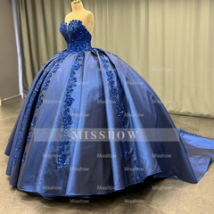 Misshow Exquisite Dark Navy Satin Quinceanera Dress Strapless Sequined Ball Gown with Pleated Glitter Detail for Sweet 16 & Formal Evenings