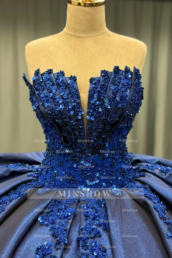 Misshow Exquisite Dark Navy Satin Quinceanera Dress Strapless Sequined Ball Gown with Pleated Glitter Detail for Sweet 16 & Formal Evenings