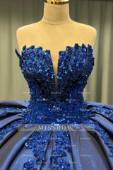 Misshow Exquisite Dark Navy Satin Quinceanera Dress Strapless Sequined Ball Gown with Pleated Glitter Detail for Sweet 16 & Formal Evenings