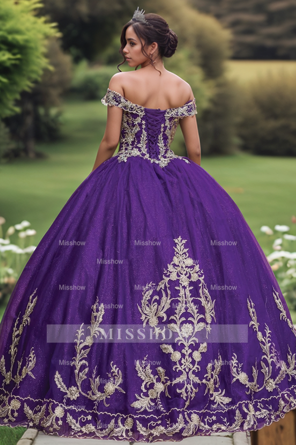 Misshow Exquisite Dark Purple Quinceanera Dress Off-Shoulder Ball Gown with Gold Flower Appliques & Lace-Up Corset for Sweet 16 or Birthday Celebrations