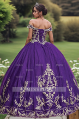 Misshow Exquisite Dark Purple Quinceanera Dress Off-Shoulder Ball Gown with Gold Flower Appliques & Lace-Up Corset for Sweet 16 or Birthday Celebrations