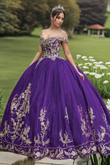 Misshow Exquisite Dark Purple Quinceanera Dress Off-Shoulder Ball Gown with Gold Flower Appliques & Lace-Up Corset for Sweet 16 or Birthday Celebrations