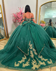 Misshow Exquisite Emerald Green Ball Gown Off-Shoulder Gold Appliques Tulle Princess Dress for Quinceanera Sweet 16 & Birthday Parties