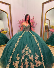 Misshow Exquisite Emerald Green Ball Gown Off-Shoulder Gold Appliques Tulle Princess Dress for Quinceanera Sweet 16 & Birthday Parties