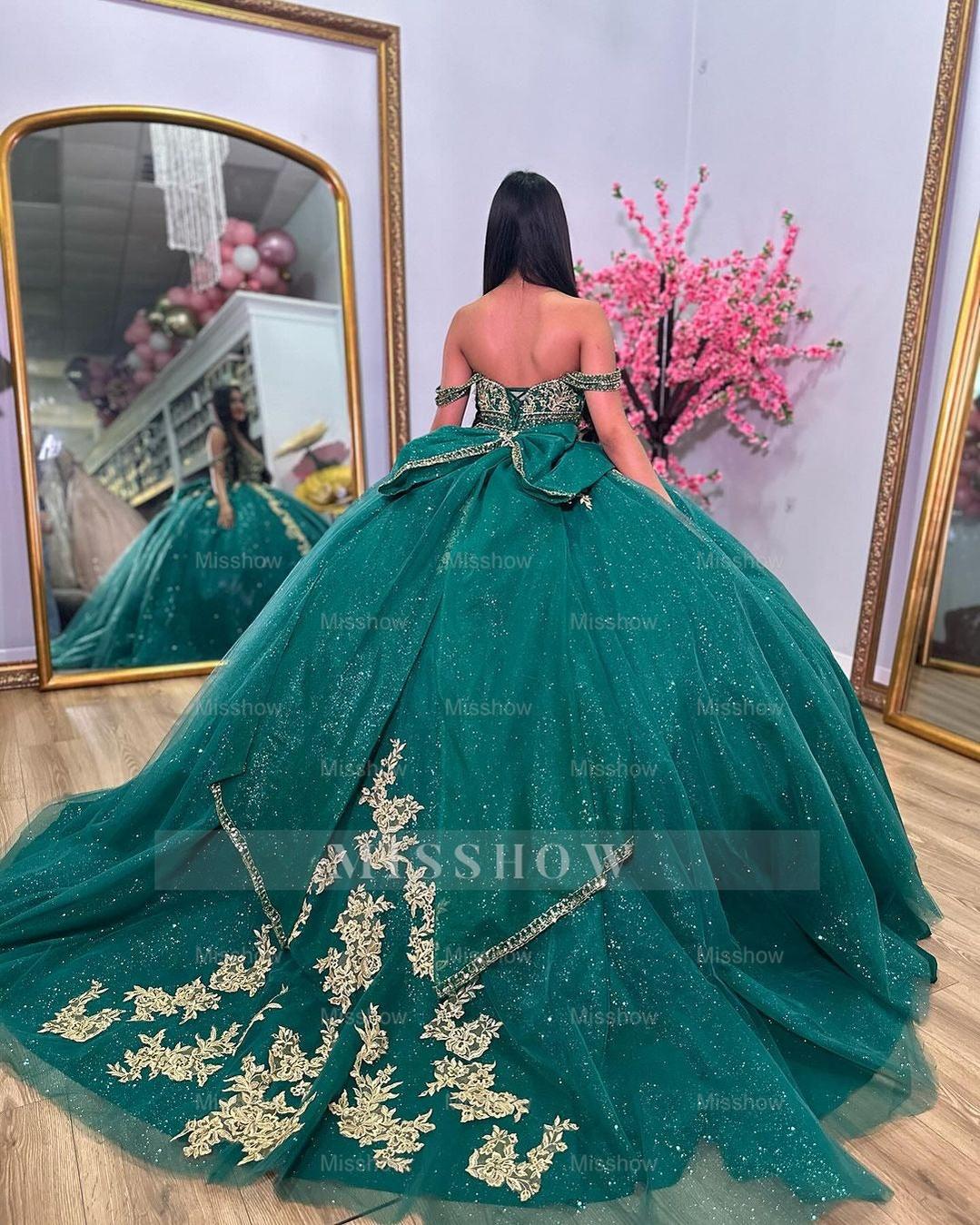 Misshow Exquisite Emerald Green Ball Gown Off-Shoulder Gold Appliques Tulle Princess Dress for Quinceanera Sweet 16 & Birthday Parties