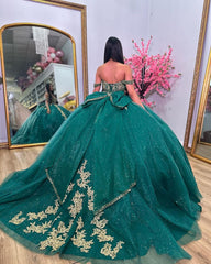 Misshow Exquisite Emerald Green Ball Gown Off-Shoulder Gold Appliques Tulle Princess Dress for Quinceanera Sweet 16 & Birthday Parties