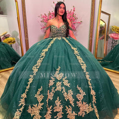 Misshow Exquisite Emerald Green Ball Gown Off-Shoulder Gold Appliques Tulle Princess Dress for Quinceanera Sweet 16 & Birthday Parties