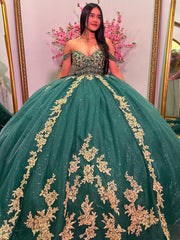 Misshow Exquisite Emerald Green Ball Gown Off-Shoulder Gold Appliques Tulle Princess Dress for Quinceanera Sweet 16 & Birthday Parties