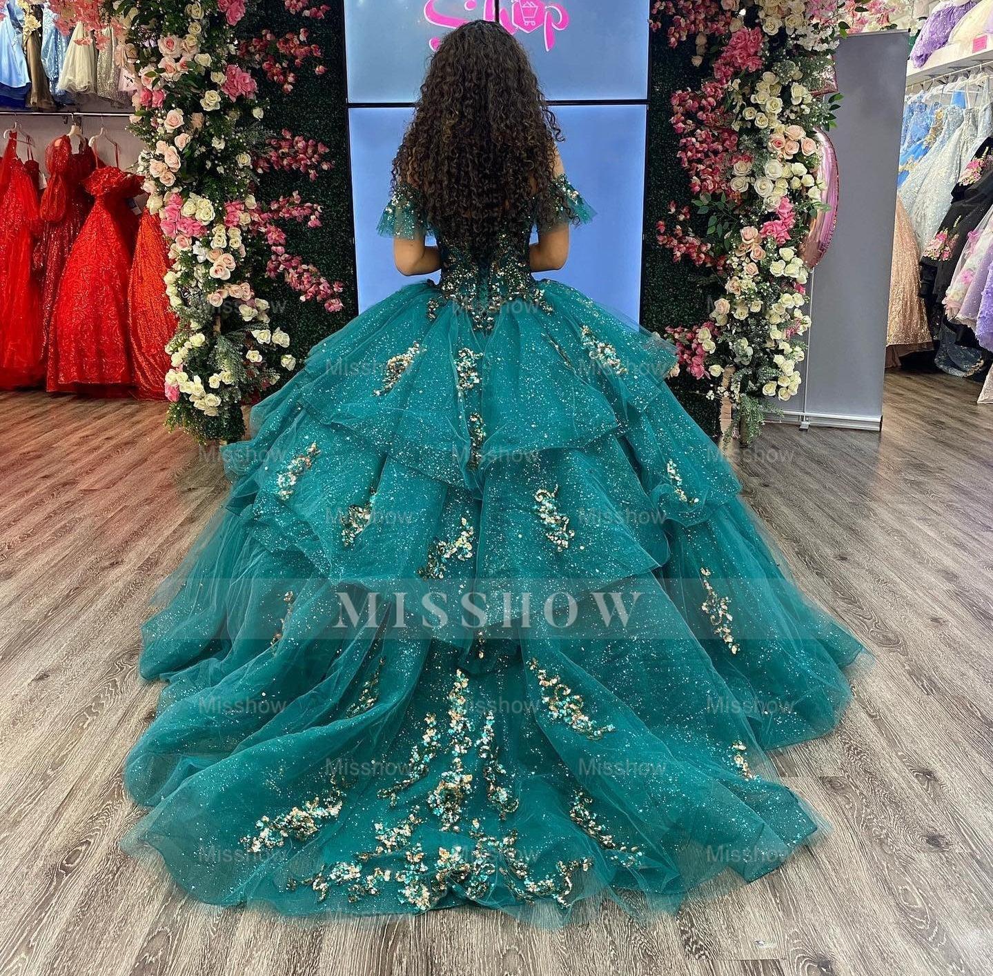 Misshow Exquisite Emerald Green Ball Gown Off-Shoulder Gold Beaded Quinceanera Dress with Tiered Ruffles for Sweet 16 & Formal Evenings