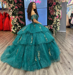 Misshow Exquisite Emerald Green Ball Gown Off-Shoulder Gold Beaded Quinceanera Dress with Tiered Ruffles for Sweet 16 & Formal Evenings